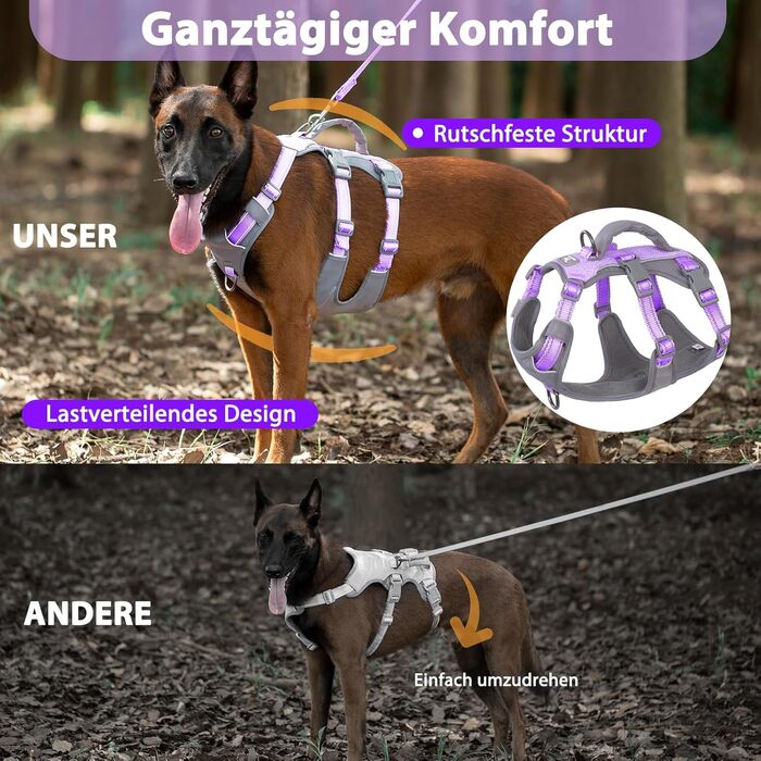 Шлейка безпеки для собак Huntboo, анти-втеча, для панічних собак, з ручкою, регульована, для маленьких, середніх та великих собак (лавандовий, M)