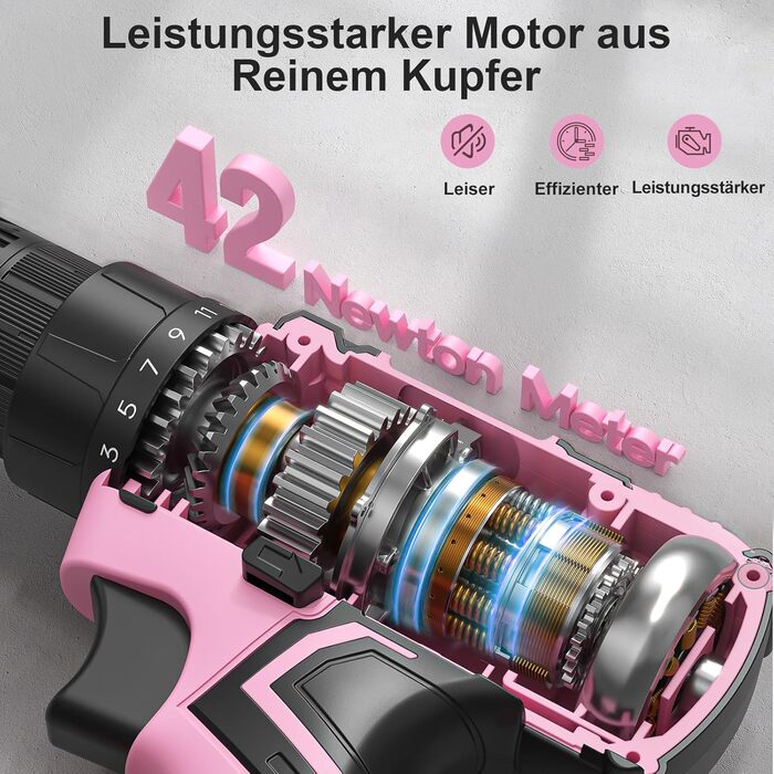 Акумуляторний шуруповерт 20V з набором аксесуарів 85 шт. (85tlg), 42Н.м, 2000mAh, 25+1 момент, 10мм патрон, легкий, LED, рожевий (для подарунка на День святого Валентина)