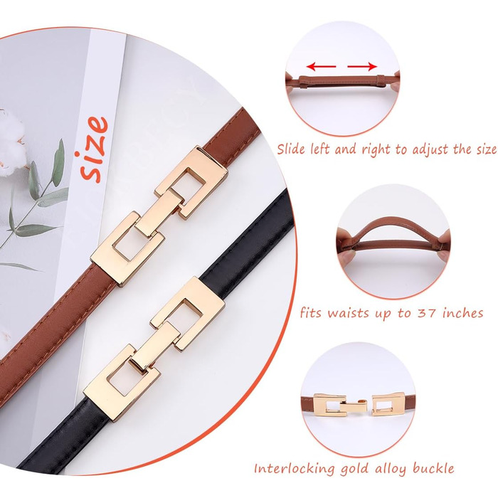 2 жіночі шкіряні ремені Skinny: чорний + білий (чорний + коричневий). Вузький тасьовий ремінь з золотою пряжкою для суконь та пальто.