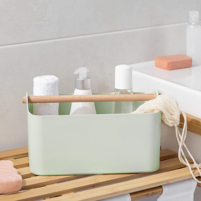 Navaris Storage Box with Wooden Handle - 2 Compartment Box Organizer for Bathroom Kitchen - Basket Storage for Cutlery Cleaning Supplies Portable Small - mint green