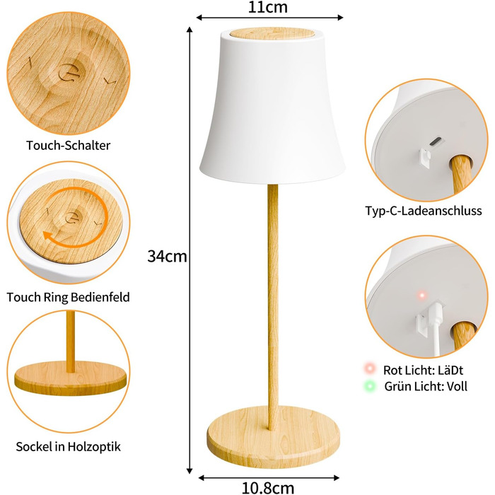 LED-лампа настільна Suright бездротова, акумуляторна з 3 кольоровими режимами та RGB, плавне регулювання яскравості, сенсорне керування, IP54 вологостійка для саду, кемпінгу, вечірки, спальні, кафе, з імітацією текстури дерева