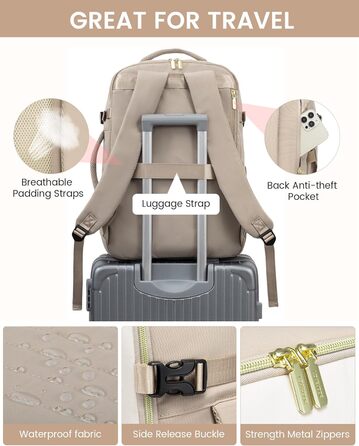 Рюкзак LOVEVOOK для ручної поклажі в літак, 40L, жіночий, водонепроникний, з відділенням для ноутбука 17 дюймів, для подорожей, роботи, хайкінгу, оливково-бежевий