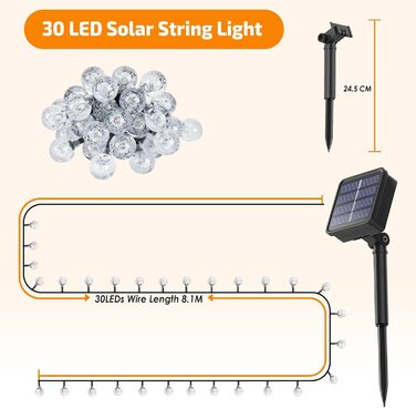 Сонячна гірлянда для зовнішнього використання, 60 LED, 13.2 м, 8 режимів, IP65, тепле світло. Підходить для балкона, тераси, саду, прикраси на Різдво та свята