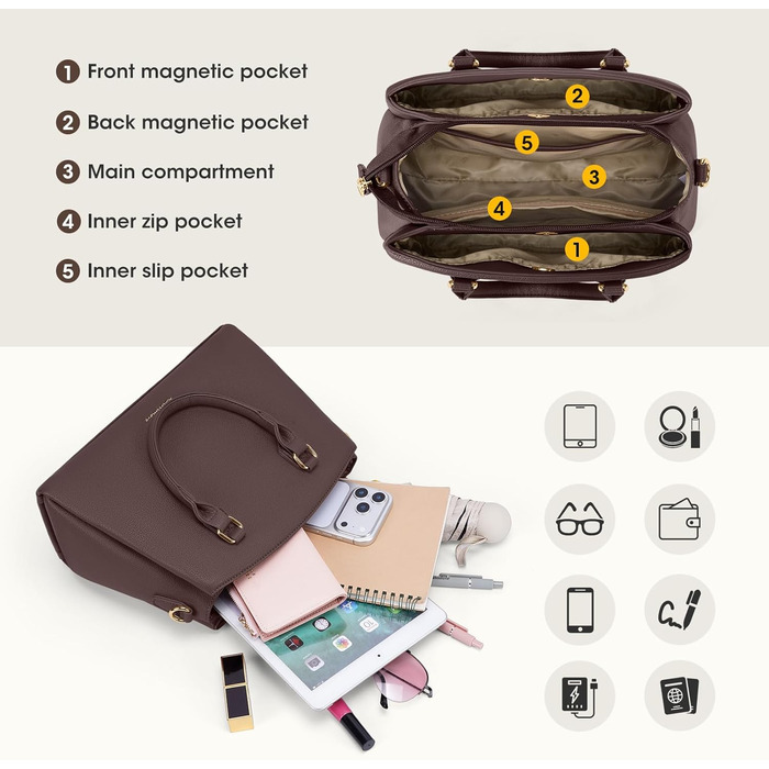 Сумка жіноча RAINSMORE середнього розміру з PU шкіри, для планшета 11 дюймів, з плечовим ременем, для роботи та міста (кава)