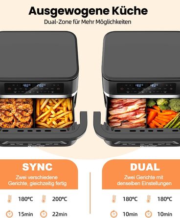 Аерофритюрниця WELLENT 12L Dual Zone XXL - 2950W з двома камерами (6+6L) з оглядовим вікном, функцією Match & Sync, нагадуванням про струшування, придатна для миття в посудомийній машині