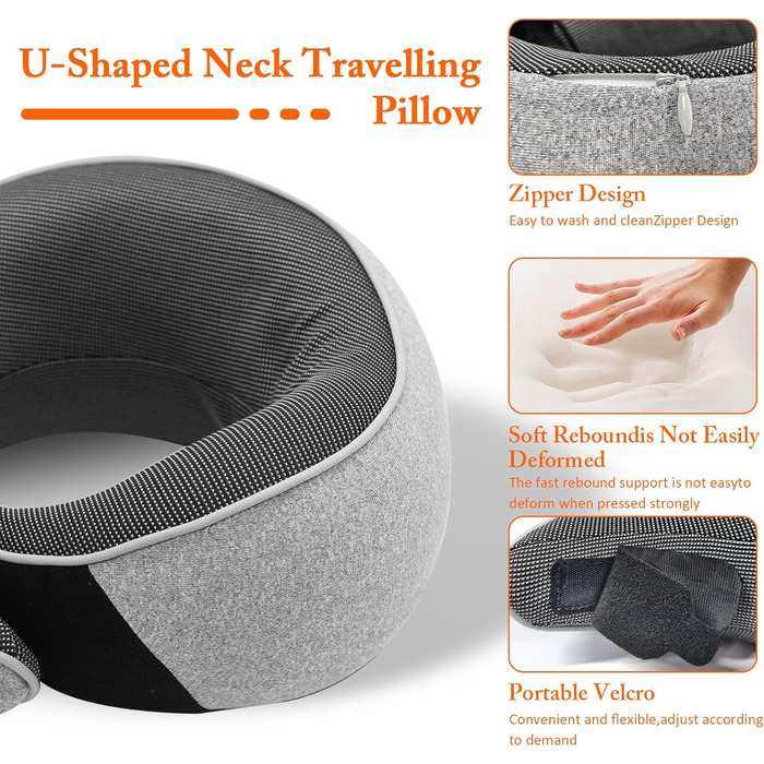 Подушка для шиї у літак, Memory Foam, регульована, з навушниками та маскою для сну, для подорожей