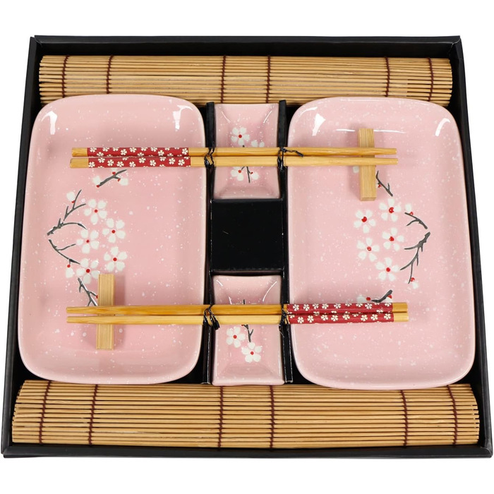 Набір для суші Exzact (10 предметів) – 2 тарілки, 2 миски для соусу, 2 підставки під столові прилади, 2 пари паличок для їжі – з високоякісного порцеляну, у подарунковій коробці (рожевий)