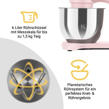 Кухонний комбайн KLAMER 1800W, планетарний міксер для тіста з чашею з нержавіючої сталі 6л (Premium Pink)