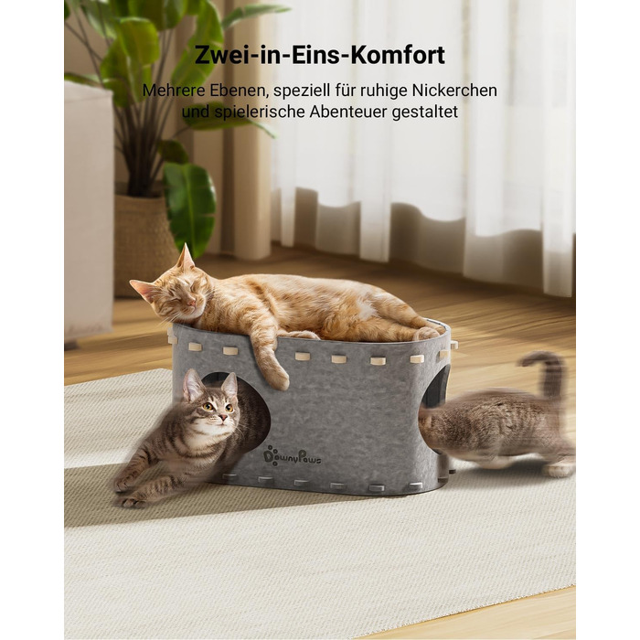 Felt Cat Cave, Felt Cat House, Cat Bed, Cat Cave for Cats, 58 x 33 x 30cm, Peek-a-Boo for Play, Winter-Proof, Cat Nail Protection, Beige (Felt Cat Cave Grey)