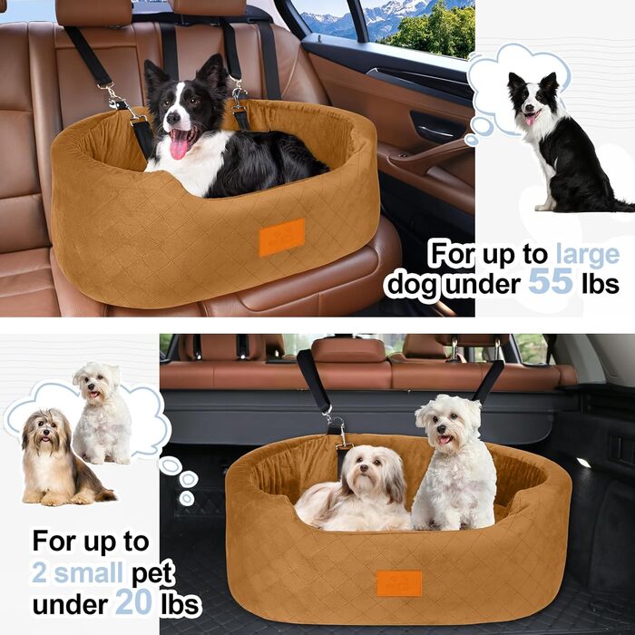 Dog Car Seat for Medium/Large Dogs (Up to 25kg) or 2 Small Dogs - with Safety Leashes & Washable Cushion - Rear Seat (Coffee Color)