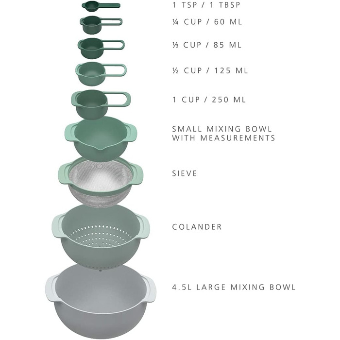 Joseph Joseph Nest 9 Plus, 9-piece compact food preparation set with mixing bowls, measuring cups, colander and sieve, Editions Range, Sage Green, Green