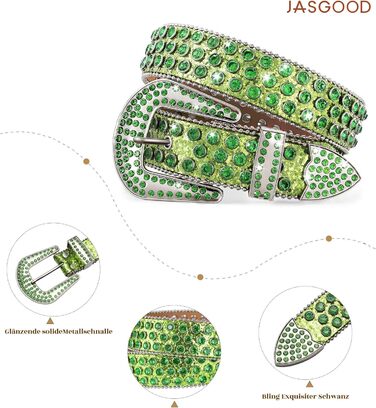 Жіночий шкіряний ремінь JasGood з камінням, стиль вестерн, ковбойський, з заклепками, для джинсів та штанів (Зелений, 135 см, підходить для розміру штанів 111-123 см)