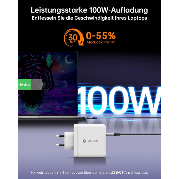 Зарядний пристрій USB-C 120W NOVOO GaN III 3-порти, кабель USB-C PD 100W для MacBook Pro 14