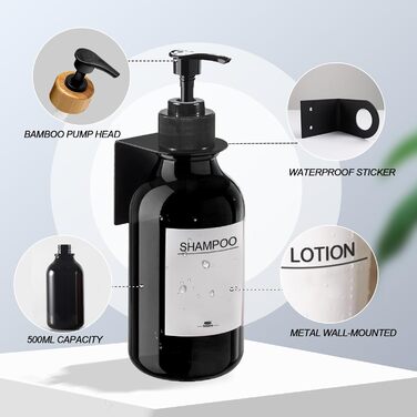 Soap Dispenser Wall Mount No Drilling, 3-Piece Set 500ml Soap Dispenser Wall Shampoo Dispenser Shower Dish Soap Dispenser Shampoo Dispenser for Kitchen Bathroom (Black2)