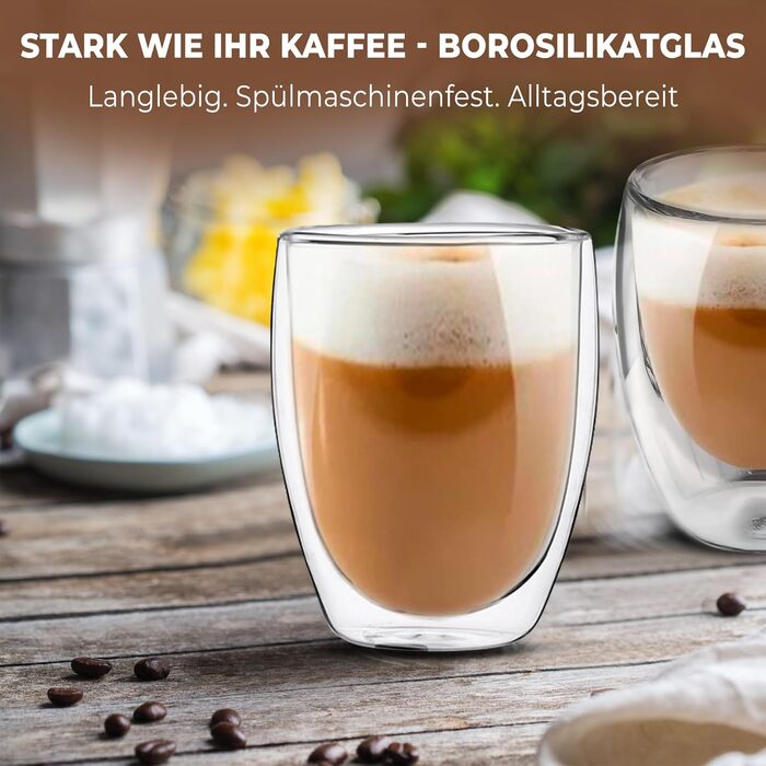 Набір склянок для лате макіато Zobel 350 мл (4 шт.) з ручкою, подвійні стінки, боросилікатне скло, з підставками та ложками, придатні для миття в посудомийній машині та термостійкі