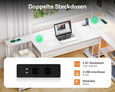 Комп'ютерний стіл Coleshome з 5 шухлядами та 4 полицями 180x100 см, L-подібний стіл з LED-підсвіткою, розетками та USB, великий стіл для home office, білий