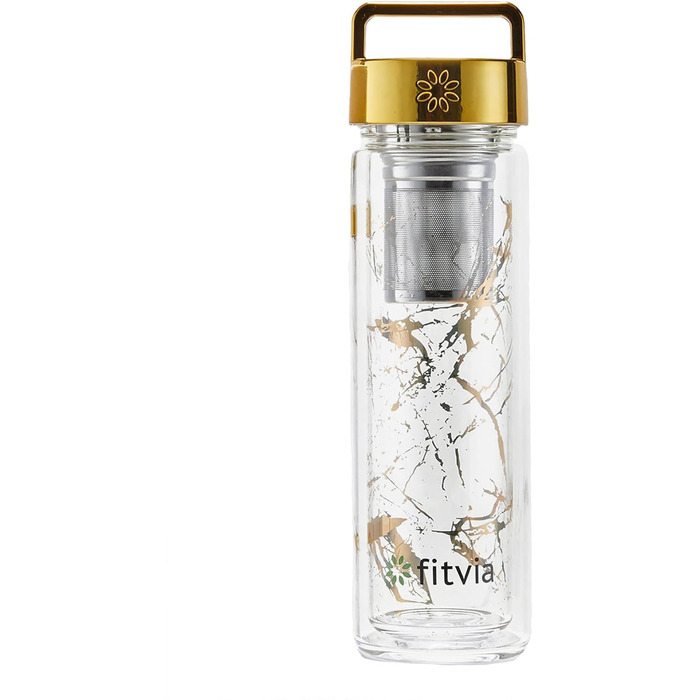 Термопляшка Fitvia 380 мл з подвійними стінками, мармуровий дизайн, сито для чаю, зручна ручка (Золотий мармур)