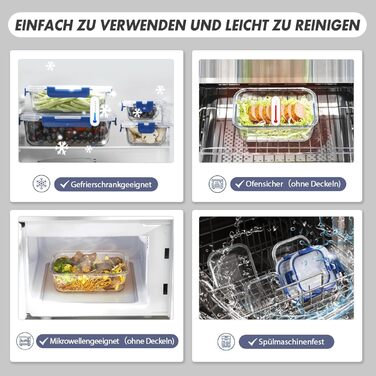 Набір скляних контейнерів для зберігання їжі з кришками з преміум-пластику, 10 шт., блакитні