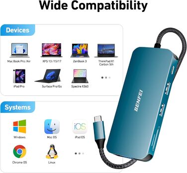 Док-станція BENFEI USB-C MST Hub 11-в-1: 2HDMI 4K, VGA, 3 x USB 3.0, SD/TF, Ethernet, PD 100W, 3.5mm Aux, для MacBook/XPS/Surface (Блакитна)
