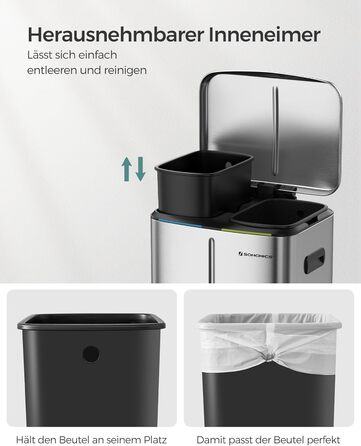 SONGMICS Відро для сміття 40 л з 2 відсіками (2 x 20 л), металевий третемер з пластиковим внутрішнім відром, Softclose, герметичний, білий LTB40WT (срібний)