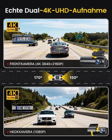 Автомобільний відеореєстратор GKU 4K+1080P (передній та задній), 5GHz WiFi, з карткою пам'яті 64GB, глянцевий чорний