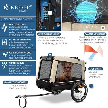 KESSER® Візок для собак Боксер 3-в-1: візок, буксир для велосипеда та лежак. Великий об'єм 240 літрів, амортизація, поворотне переднє колесо 360°, матеріал 600D Oxford Canvas, SmartSpace, вантажопідйомність 40 кг, зелений