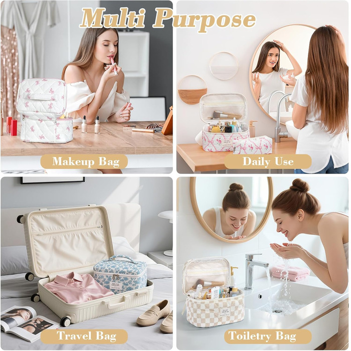 Набір косметичок 3 шт. з квітковим принтом, для подорожей та повсякденного використання | Косметичка для макіяжу для жінок та дівчат. Хакі в клітинку