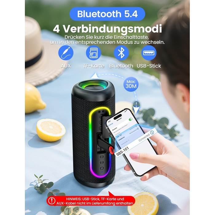 Портативна Bluetooth колонка UOHHBOE 30W з RGB підсвічуванням, TWS Stereo, 24 години роботи, IPX5 водонепроникність