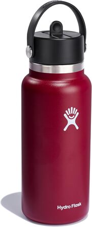 Hydro Flask - Water Bottle (32 oz) - Vacuum-Insulated Stainless Steel Water Bottle with Flex Straw Lid - Wide Mouth - (Berry Red, 946 ml)