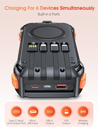 Портативний акумулятор 26800mAh з 4 кабелями: 30W USB-C, швидка зарядка, 7 виходів, SOS ліхтарик, для телефонів та планшетів (Чорний)