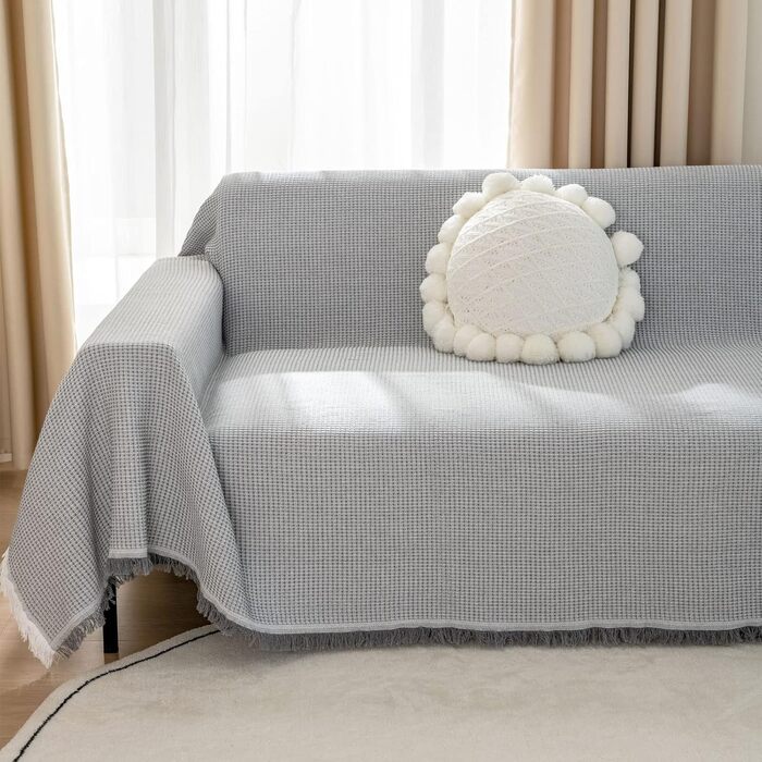 LHGOGO Waffle Throw Blanket 180x300cm Large 3-Seater Sofa Throw Versatile Living Room Blanket as Sofa Throw, Couch Cover, Sofa Cover, and Bedspread with Decorative Tassels - Light Grey