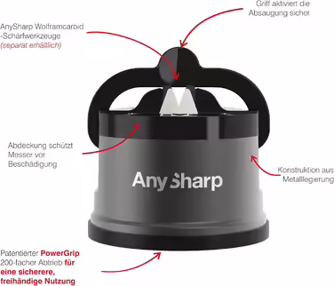Механічна точилка для ножів AnySharp Pro, метал, PowerGrip, для всіх кухонних ножів, підходить для загартованої сталі та з хвилястою кромкою, світова якість, колір гангметал