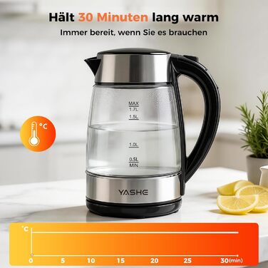 Скляний електрочайник YASHE 1.7л 2200Вт з регулюванням температури, LED-підсвіткою та функцією підігріву