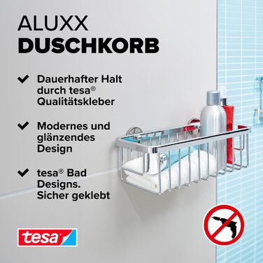 tesa ALUXX Shower Basket, Aluminum, Chrome-plated, guaranteed rust-free, including adhesive solution, deep base, 125 mm x 250 mm x 92 mm