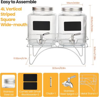 2 шт. диспенсер для напоїв на 4.5 л зі скляним краном, широка горловина, диспенсер для напоїв, підставка та нержавіюча сталь - для вечірок, коктейлів, соку, води та напоїв 4.5 л, 2 шт.