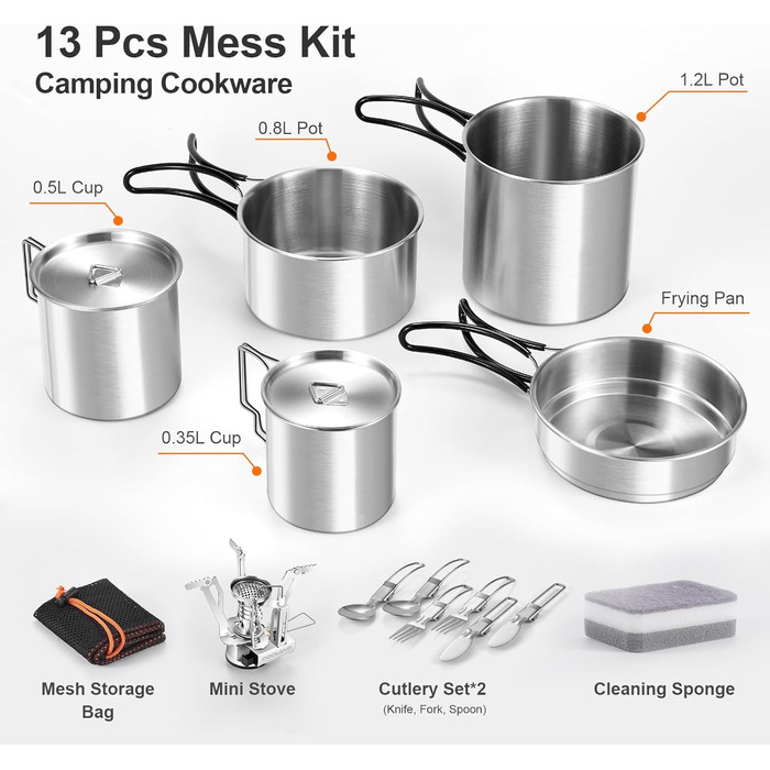 Набір посуду для кемпінгу Odoland з нержавіючої сталі (13 предметів) - посуд для приготування їжі, набір каструль, сковороди, тарілок, мисок, виделок, ножів, ложок для кемпінгу, походів, пікніків