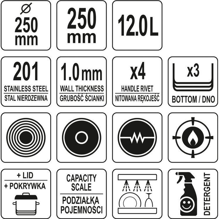 Висока каструля з кришкою 12л 25x25 YATO YG-00012