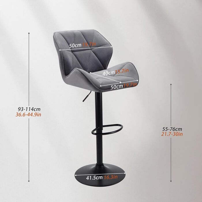 WangPangzi Adjustable Bar Stools 2-Pack with Backrest - Padded Leatherette & Steel Kitchen Bar Chairs with Footrest - for Counter, Kitchen, Hotel, Bar (Black & Dark Gray Velvet)