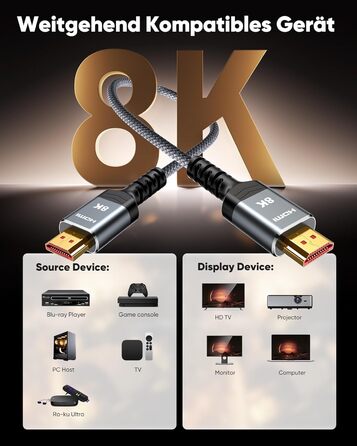 HDMI 2.1 кабель SNOWKIDS 2 метри: 8K@60Hz, 4K@120Hz, 48Gbps, HDR, eARC, HDCP 2.3, сумісний з PS5/PS4/PS3, HDTV, монітор