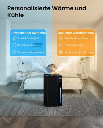 Зволожувач повітря для великих приміщень 20L, теплий та холодний туман, зволожувач до 280м², 360° ультразвуковий зволожувач, для спальні/вітальні/офісу/рослин/комерційного використання, чорний