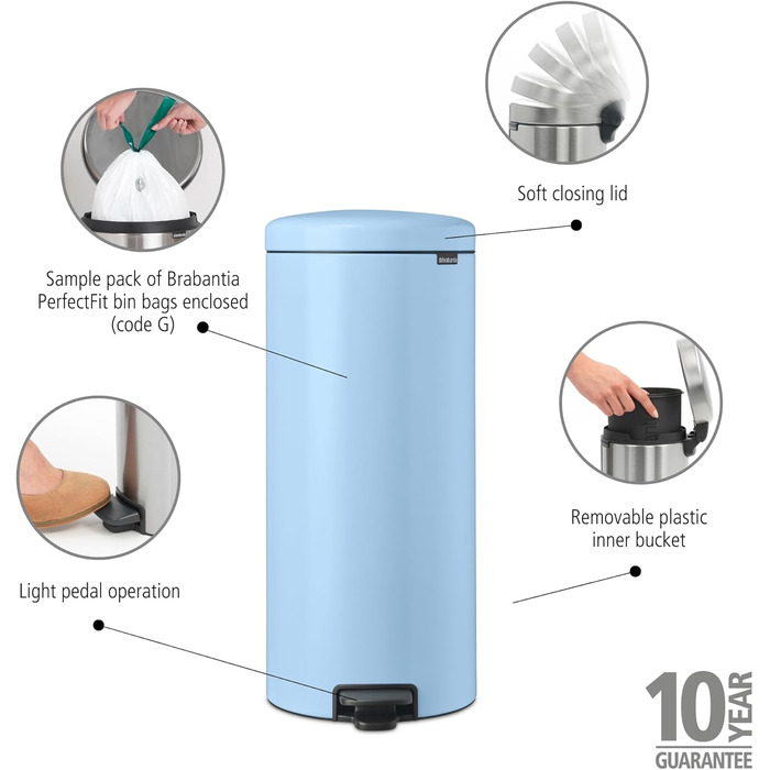 Відро Brabantia NewIcon 30L з м'яким закриттям кришки, педальним приводом та знімним внутрішнім відром (29 x 38 x 68 см, Dreamy Blue)