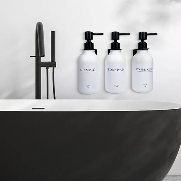 Набір диспенсерів для мила, шампуню та гелю для миття: 3 шт., 500 мл, без свердління, настінний монтаж, етикетки в комплекті, янтарний колір (чорна пляшка + біла помпа)