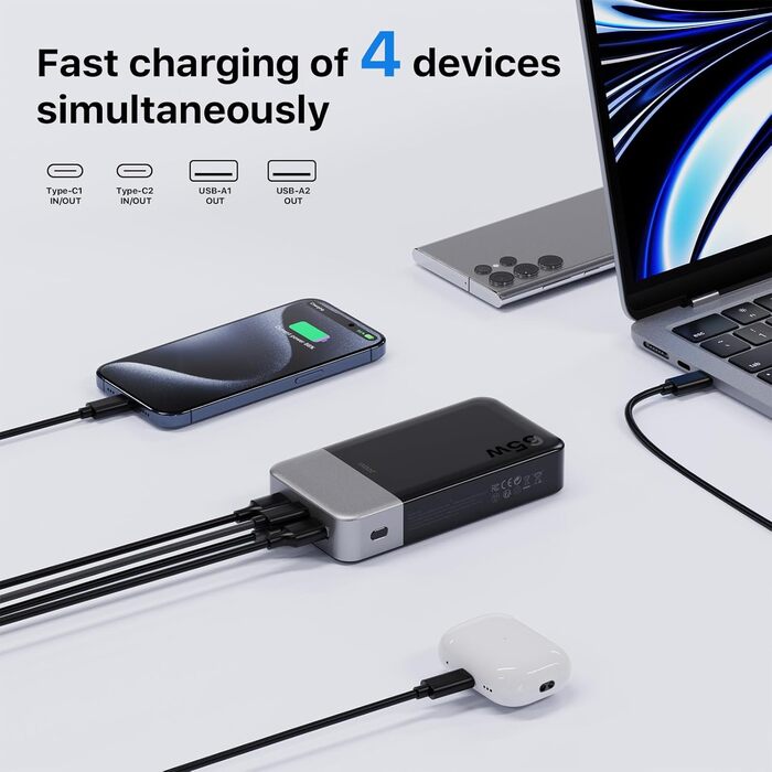Power Bank JUOVI 65W, 20000mAh, 2 USB-C, 2 USB-A, для ноутбуків та телефонів (MacBook, iPhone, Samsung)
