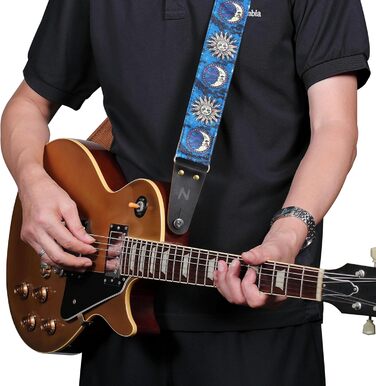 Гітарний ремінь Nefelibata, вишитий бавовняний ремінь з шкіряними кінцями, для бас-гітари, електро- та акустичної гітари, безкоштовний фіксатор, 1 пара застібок, 4 шт. (Блакитне сонце)