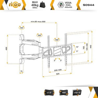 Настінне кріплення для телевізора RICOO S6144 поворотне 40-65 дюймів до 50 кг VESA 200x200 - 400x400