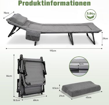 Ліжко туристичне розкладне Sekey XXL 190x71x35 см, сіре з подушкою - для кемпінгу, риболовлі, міцний сталевий каркас, Oxford тканина