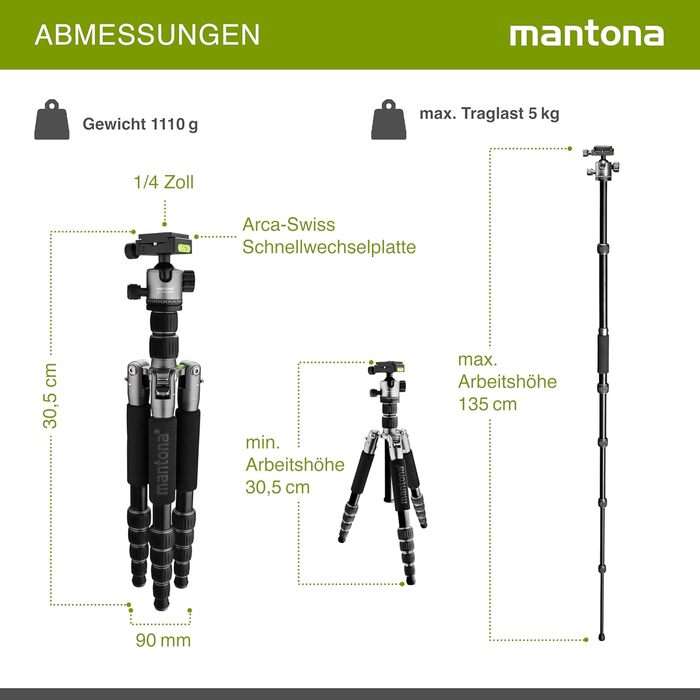 Штатив Mantona Light Traveller 131.5 см: легкий фотоштатив з кульковою головкою та Arca-Swiss