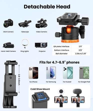 Штатив для камери JOILCAN з алюмінію, 168 см, міцний туристичний штатив з поворотним голковим кріпленням 360° та тримачем для телефону, вантажопідйомність 8 кг, для DSLR Canon Nikon Sony, штатив для iPhone/Smartphone