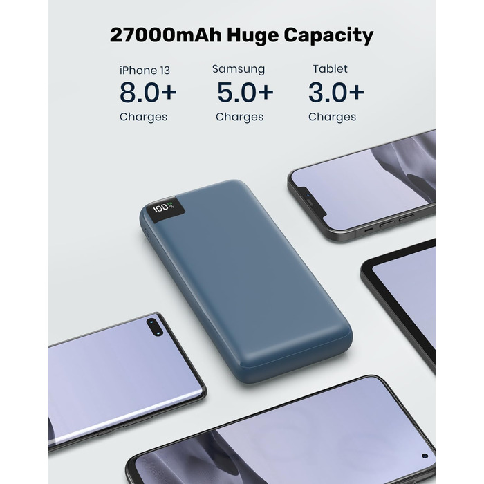 Power Bank SOARAISE 27000mAh з LED-дисплеєм: зарядний акумулятор для телефону та планшета (блакитний)