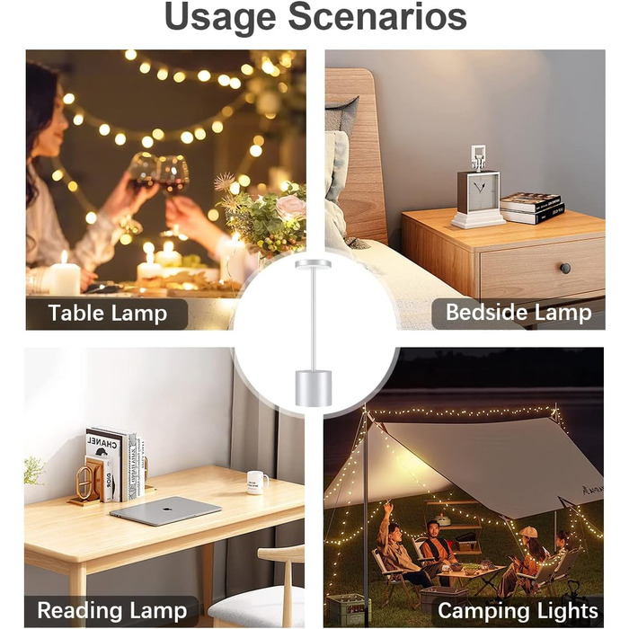 LED акумуляторна настільна лампа бездротова, 5000mAh, USB-зарядка, регулювання яскравості, 3 режими кольору, для дому та відпочинку на свіжому повітрі – срібна